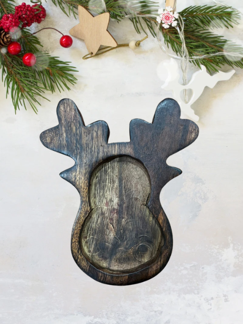 Reindeer Christmas Wooden Bowl 18cm X 16cm (Big) - WP301